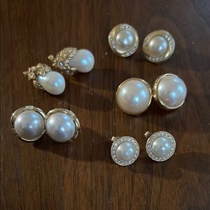 Elegant Fake Pearl Stud Earrings Set - Gold and White